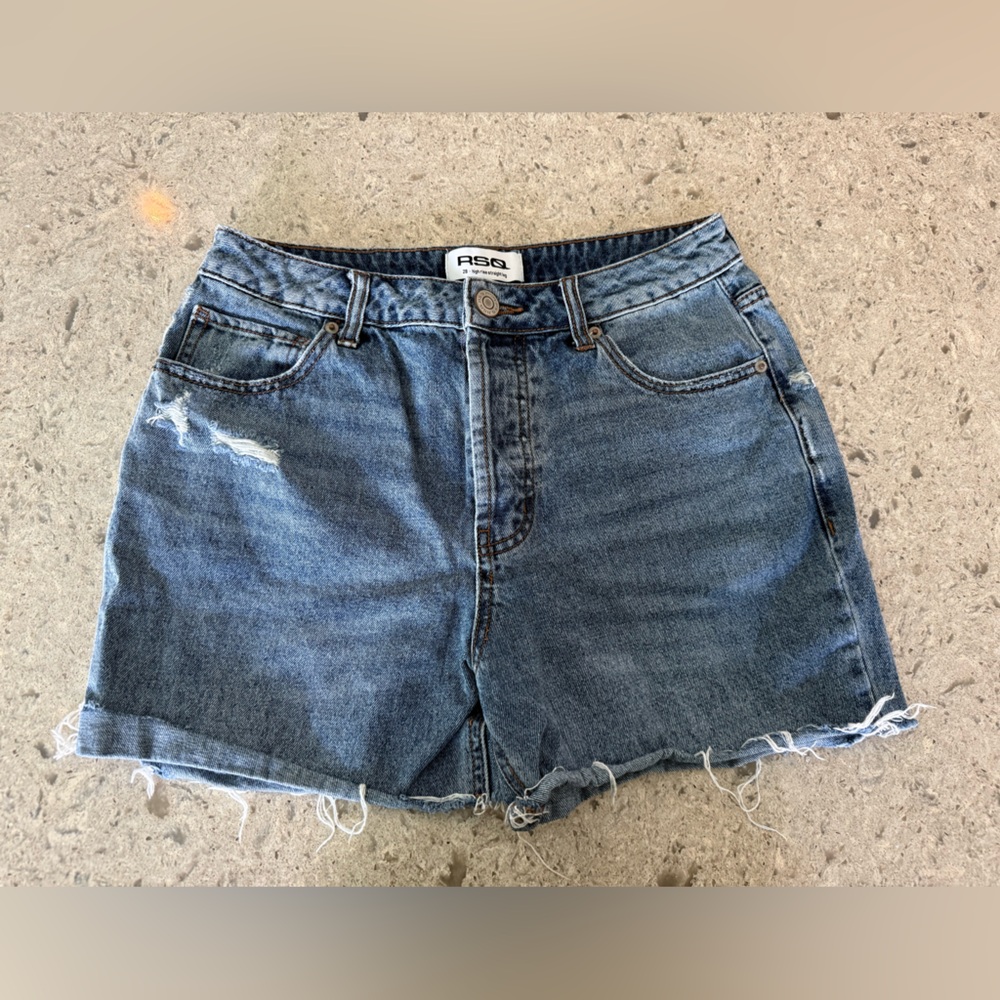 RSQ mid length High Rise Medium Wash size 28 cut off mini shorts